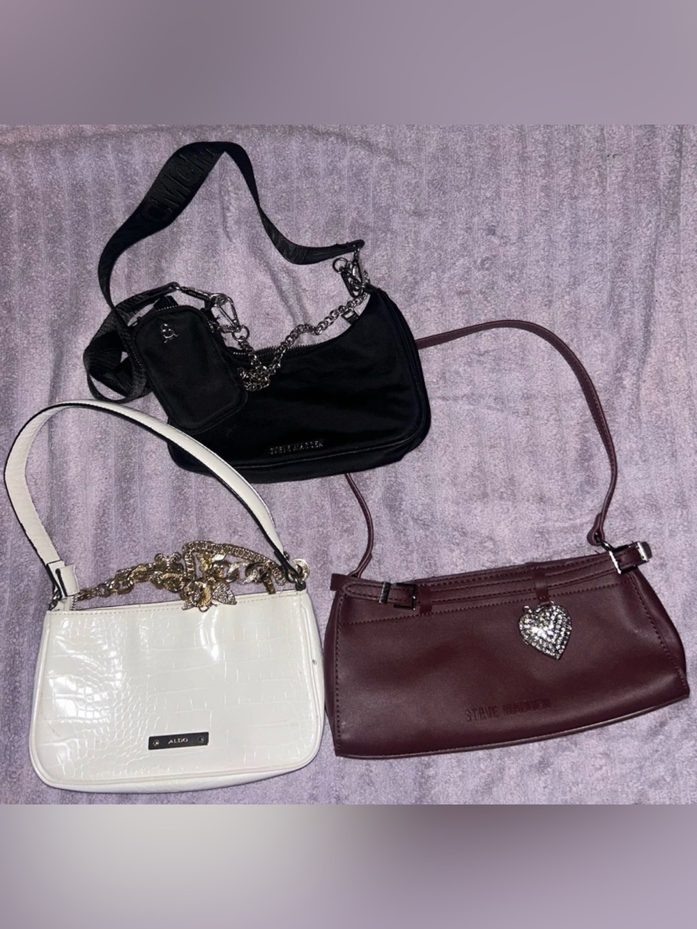 3 Purse Set Steve Madden ALDO White/Black/Wine Bag Charm/Chain NWT Y2K Style
